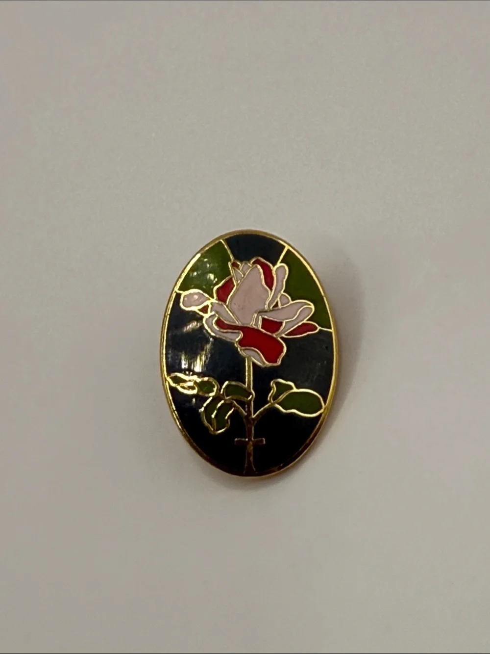 Vintage Gold Tone Green Pink Rose Cross Oval Statement Lapel Pin